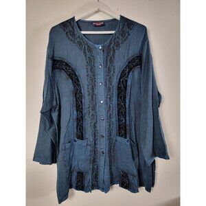 Fabulous Womens Plus Size Blue Embroidered Button Down Tunic Top Long Sleeve
